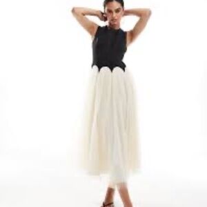 Never Fully Dressed drop hem maxi dress in black and cream